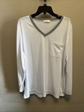 Men’s White V-Neck Long Sleeve Shirt with Gray Trim